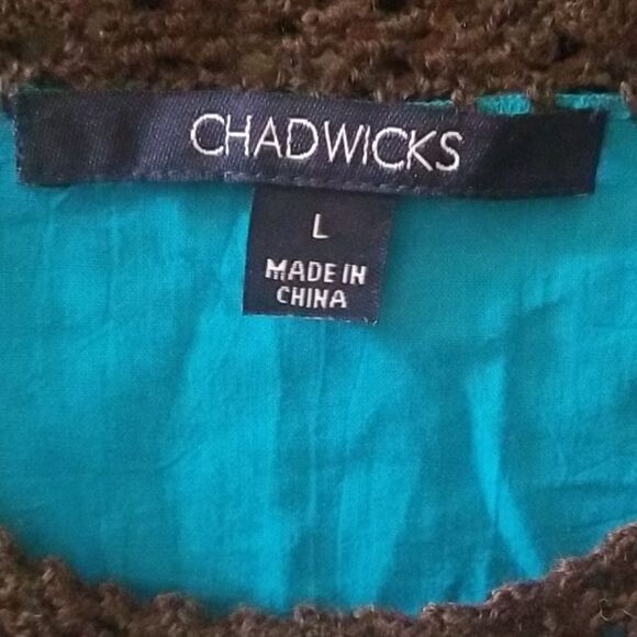 Chadwicks Teal with Brown Crochet Trim 3/4 Sleeve Shirt Size Large Vintage EUC - Picture 2 of 7
